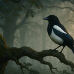 Majestic black and white magpie perched on ancient oak branch with mystical morning mist