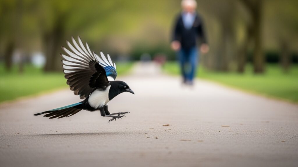 Magpie swooping attack during territorial defence