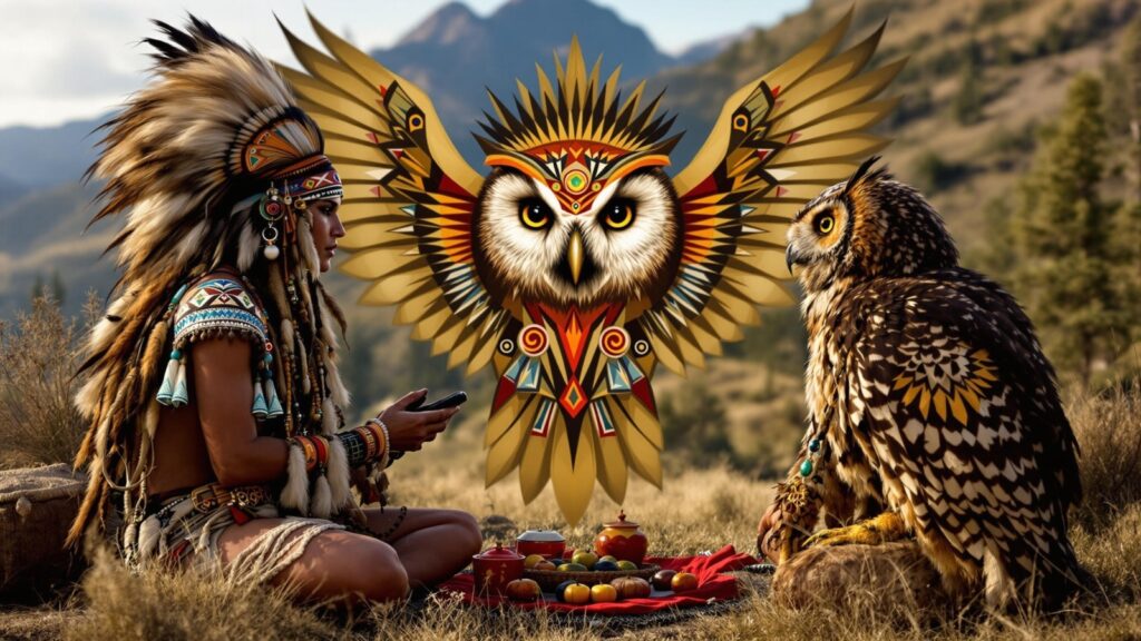 Native American ceremonial scene with owl spiritual symbolism