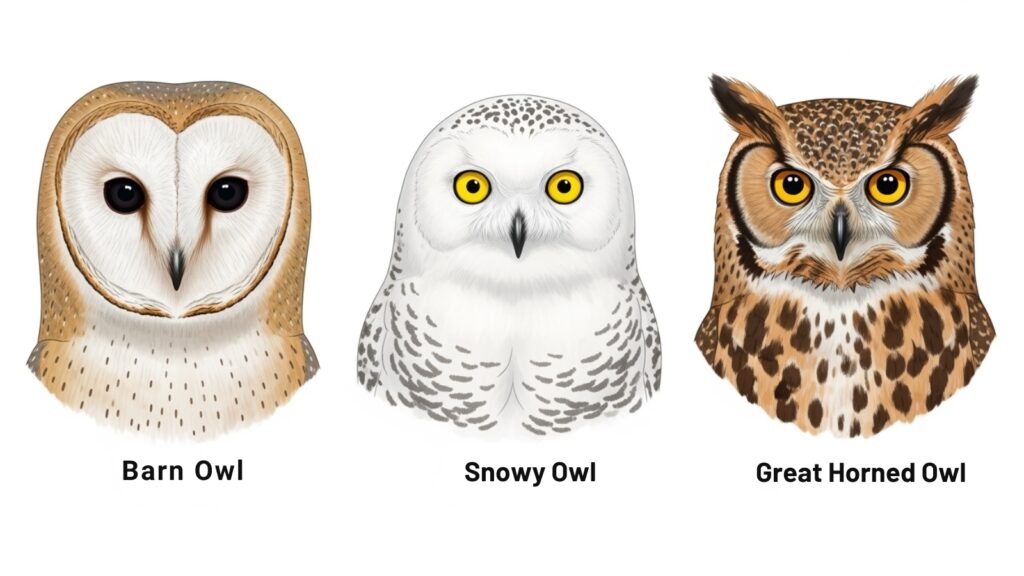 Different owl species showing eye colour correlation with activity patterns