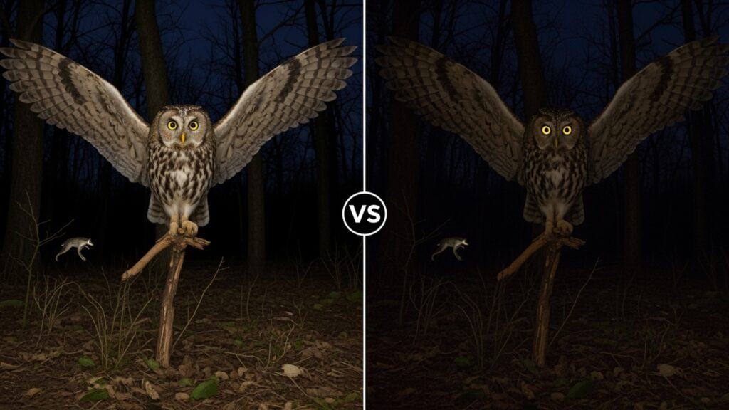 Split screen showing owl superior night vision vs human vision in darkness