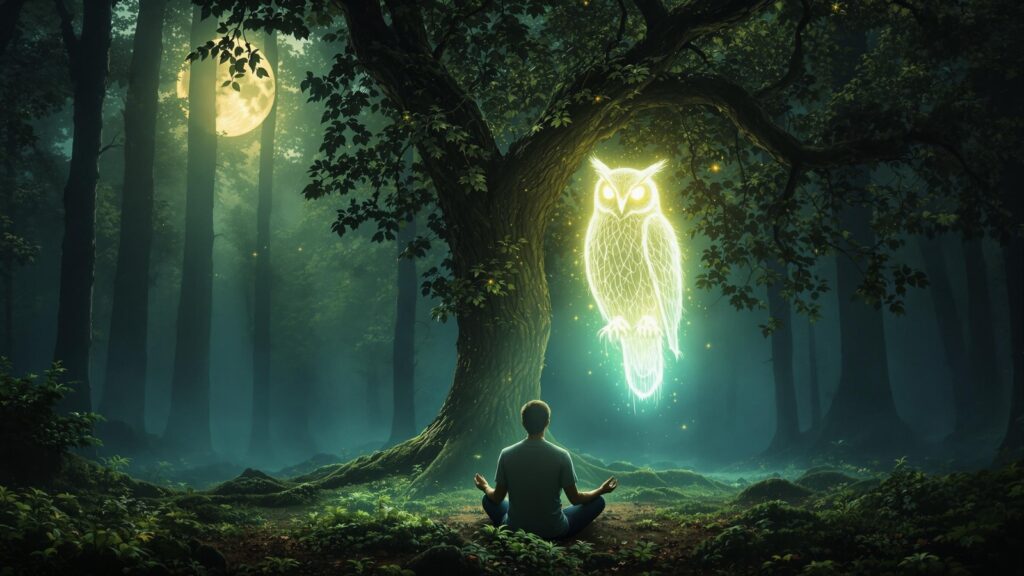Mystical owl spirit guide glowing in moonlit forest