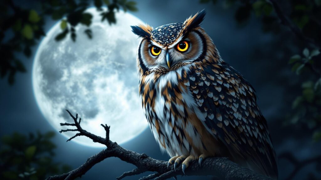 Majestic owl perched on branch in moonlight symbolizing wisdom and mystery