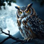 Majestic owl perched on branch in moonlight symbolizing wisdom and mystery