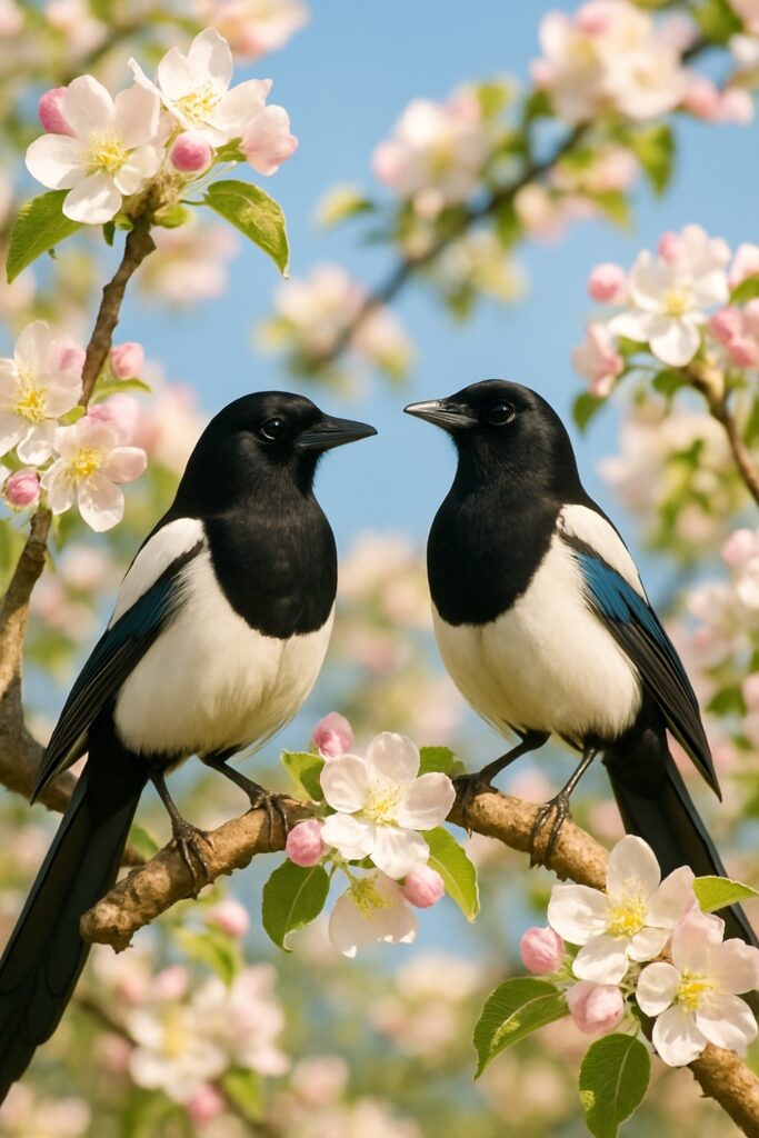 Two magpies on blooming tree branch representing joy and good fortune