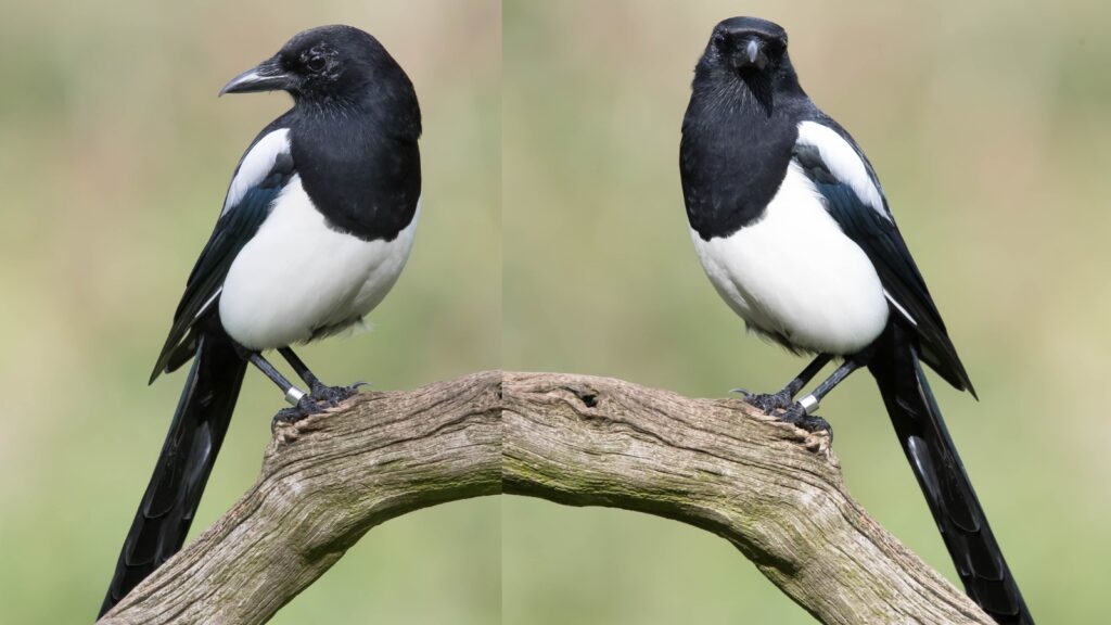 Two magpies bird sitting on a branch